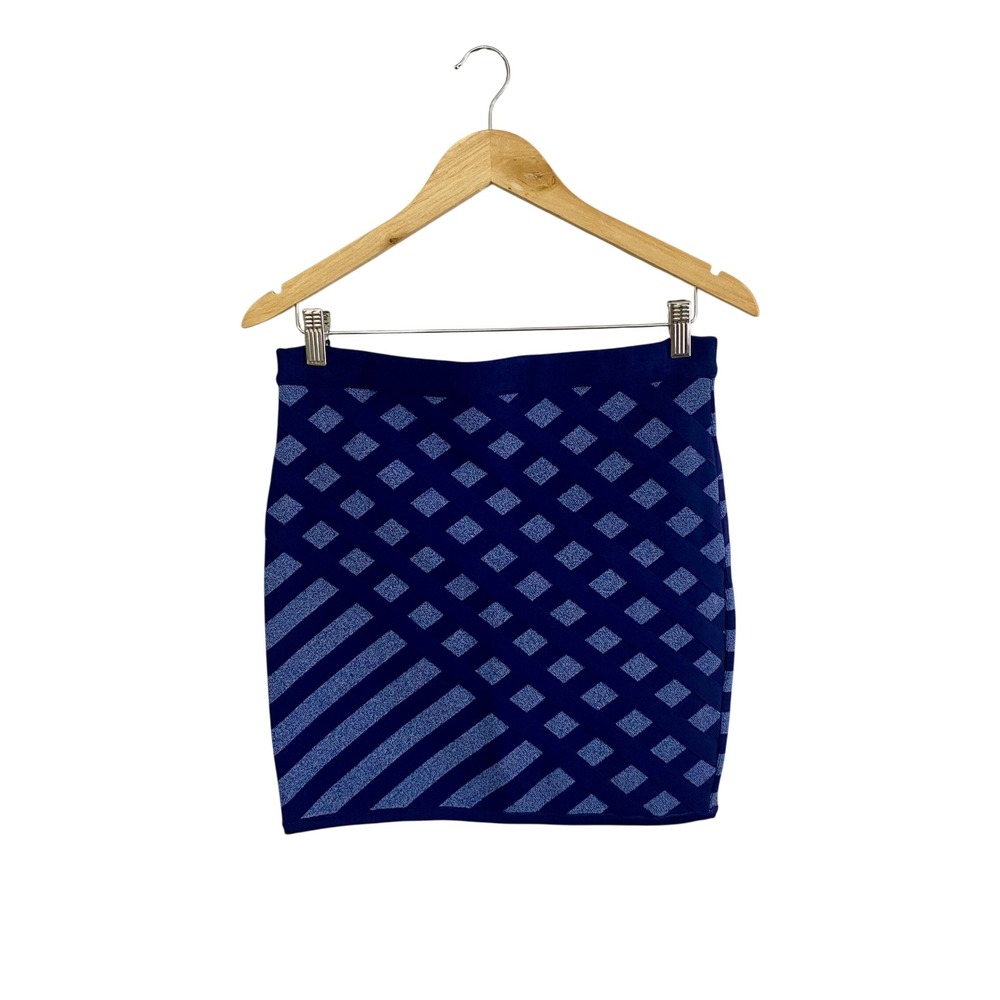 Stretta Bandage Mini Skirt‎ Size L Purple Gold Zip Knit Geometric Striped Ribbed